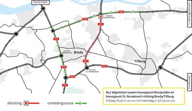 A27 dicht tussen Hooipolder en St. Annabosch 18 - 21 juli